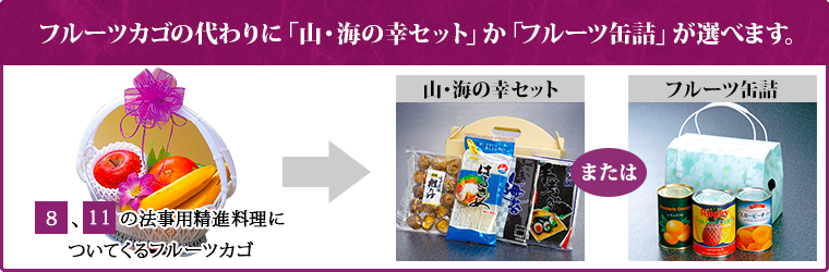 詰合せカゴの代わりに「海の幸セット」か「フルーツ缶詰」が選べます。
