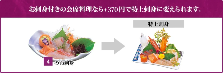 お刺身付きの会席料理なら+370円で特上刺身に変えられます