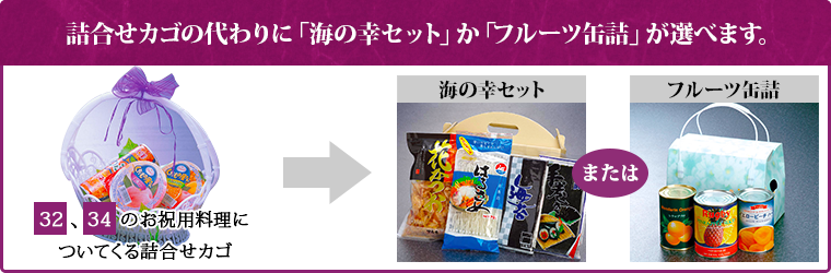 詰合せカゴの代わりに「海の幸セット」か「フルーツ缶詰」が選べます。
